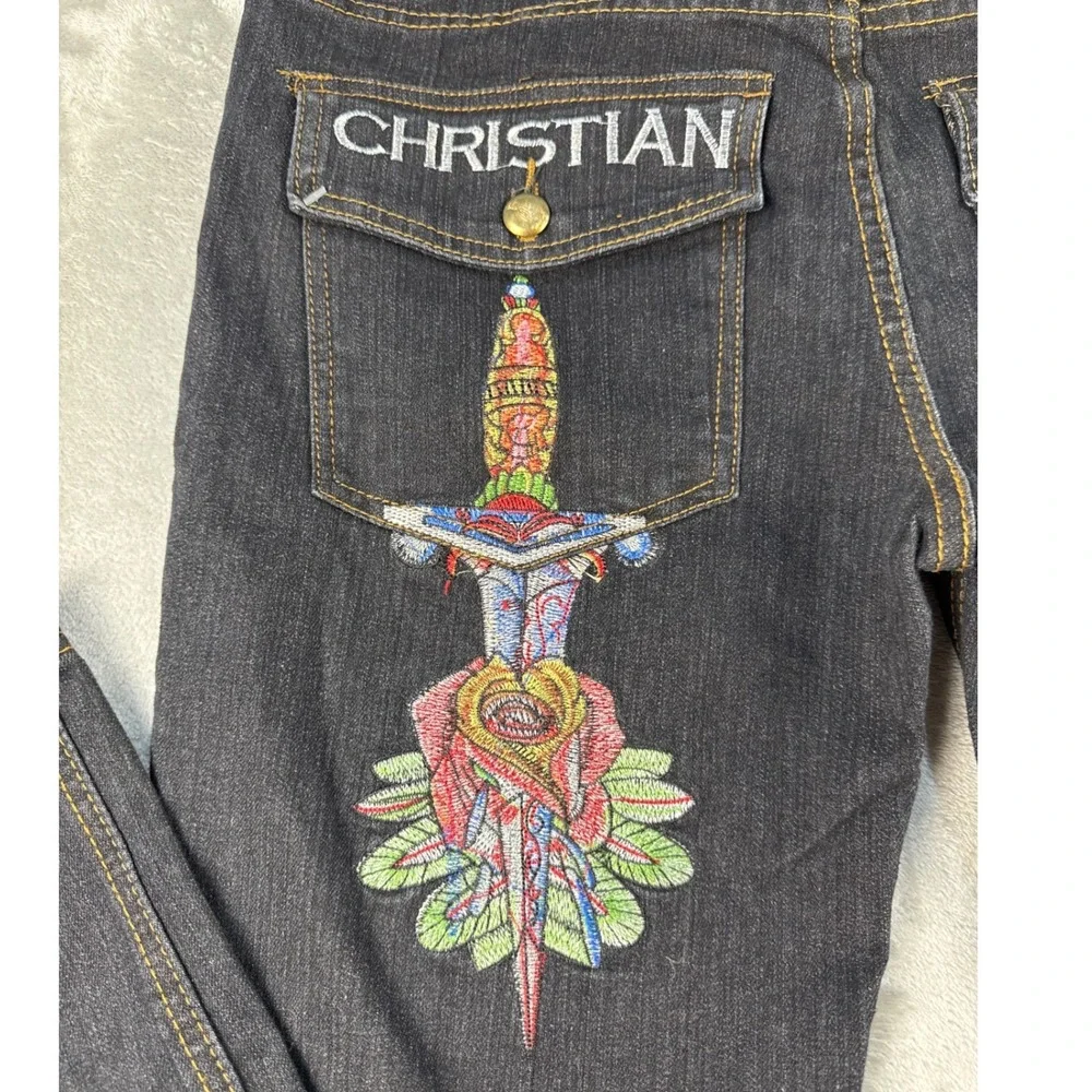 Christian Audigier Jeans Mens 31x34 Straight Dark Wash Embroidered Tattoo EUC